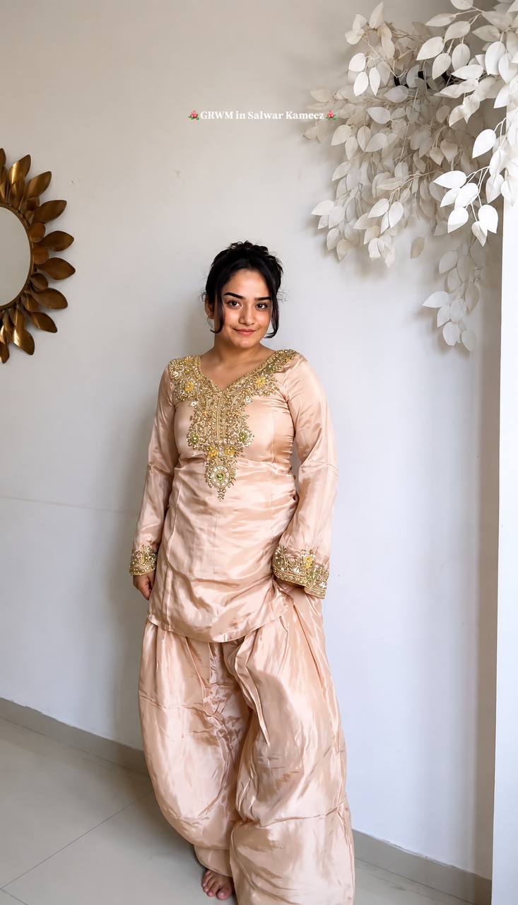 Designer Satin Glass Farshi Pant Suit with Moti & Thread Work