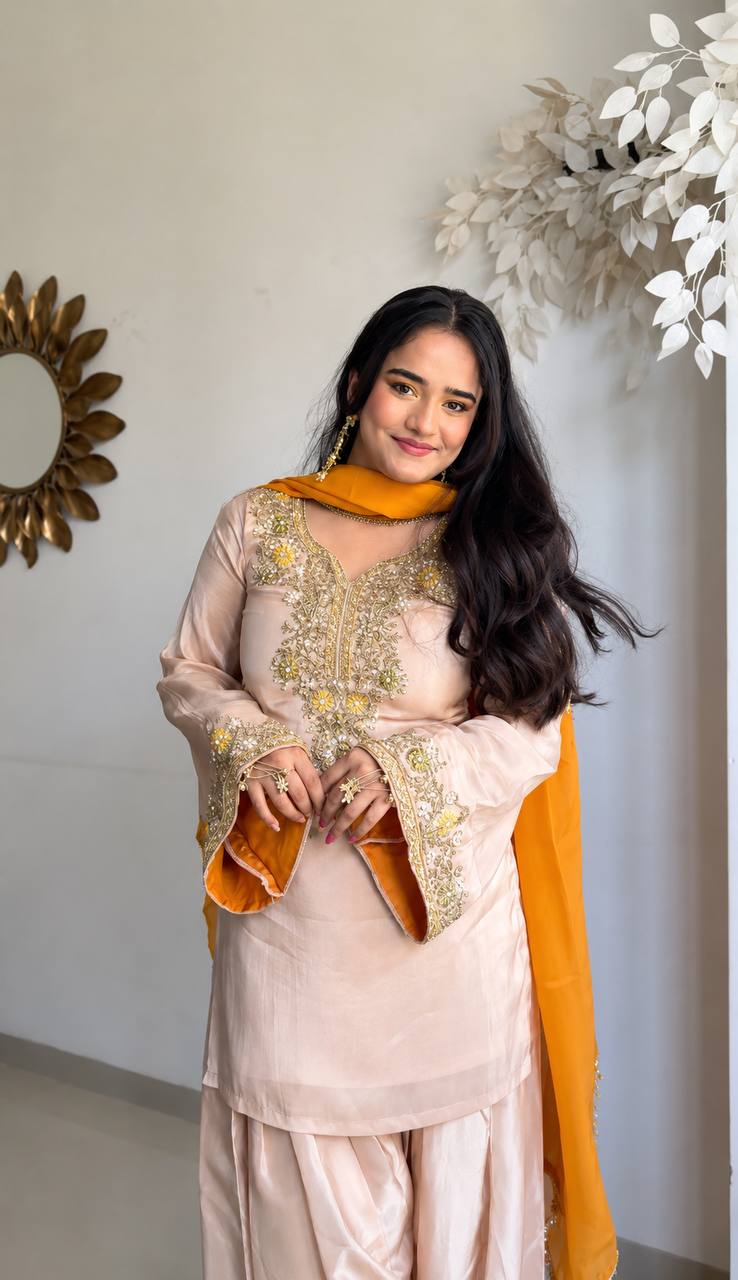 Designer Satin Glass Farshi Pant Suit with Moti & Thread Work