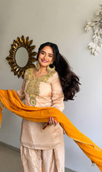Designer Satin Glass Farshi Pant Suit with Moti & Thread Work