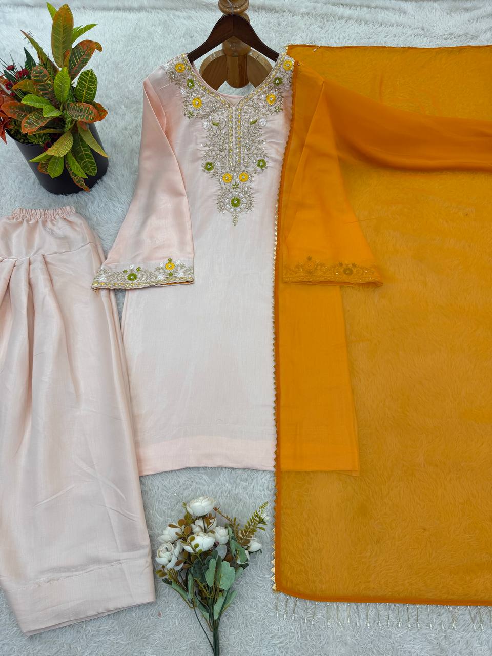 Designer Satin Glass Farshi Pant Suit with Moti & Thread Work