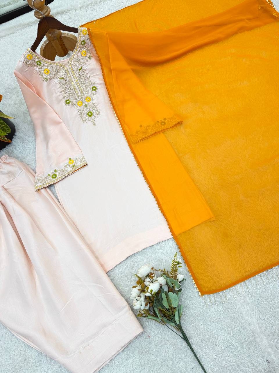 Designer Satin Glass Farshi Pant Suit with Moti & Thread Work