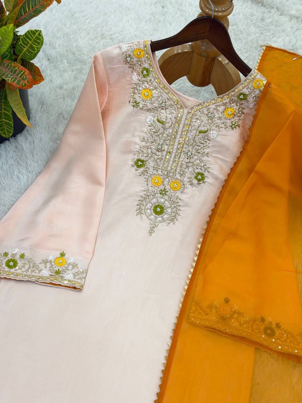 Designer Satin Glass Farshi Pant Suit with Moti & Thread Work