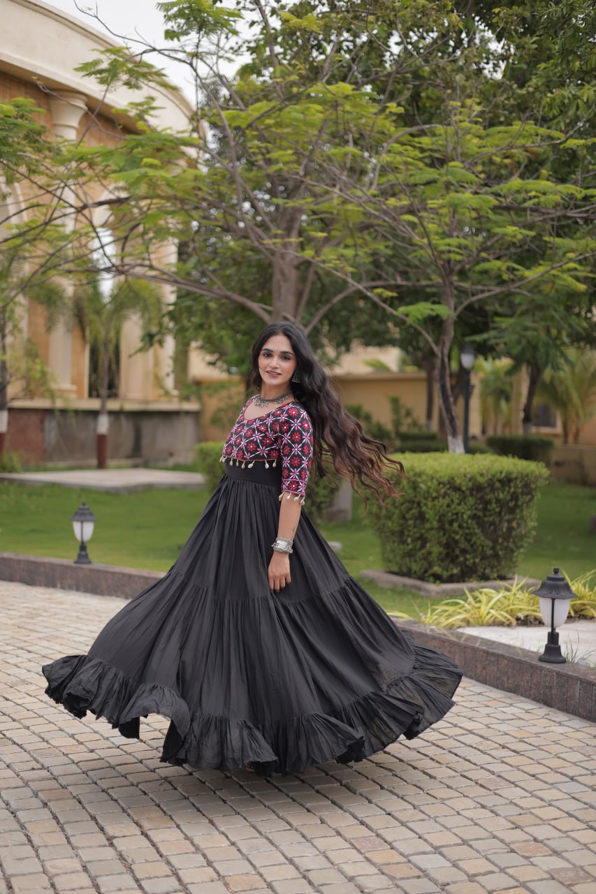 Meher Maroon Black Kora Cotton Multi Thread Mirror Work Navratri Gown
