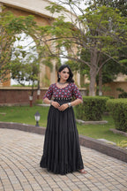 Meher Maroon Black Kora Cotton Multi Thread Mirror Work Navratri Gown