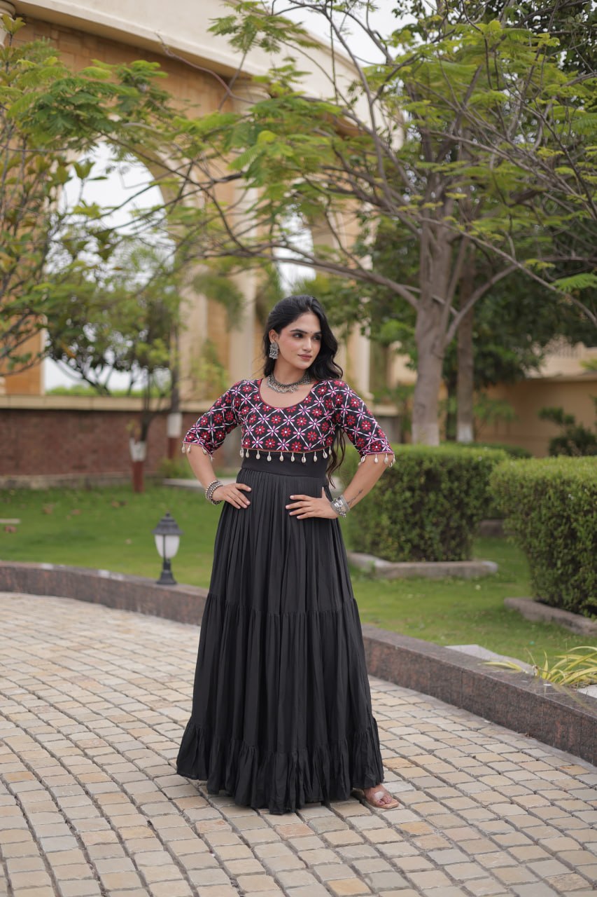 Meher Maroon Black Kora Cotton Multi Thread Mirror Work Navratri Gown