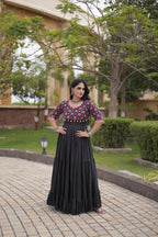 Meher Maroon Black Kora Cotton Multi Thread Mirror Work Navratri Gown