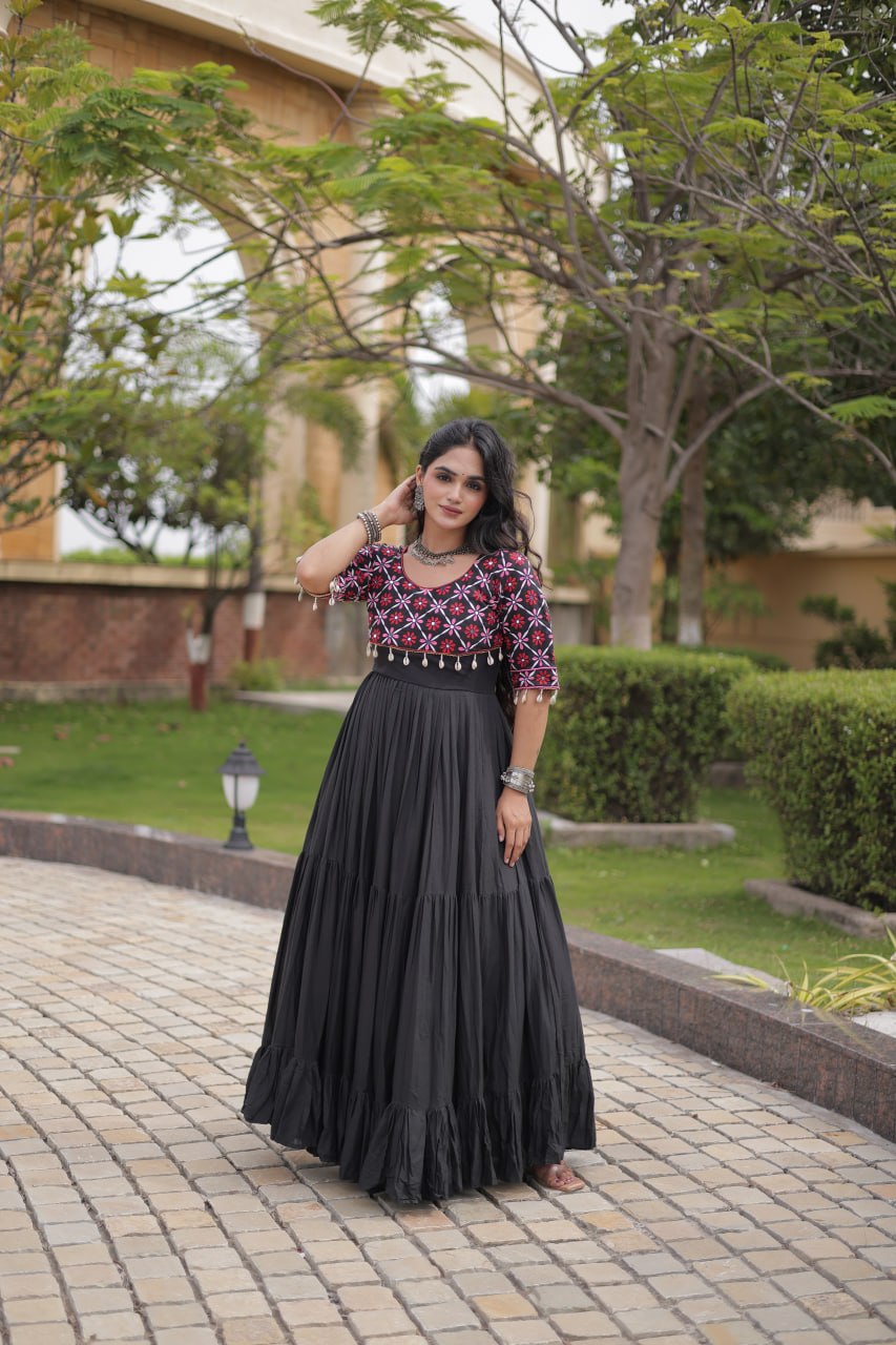 Meher Maroon Black Kora Cotton Multi Thread Mirror Work Navratri Gown