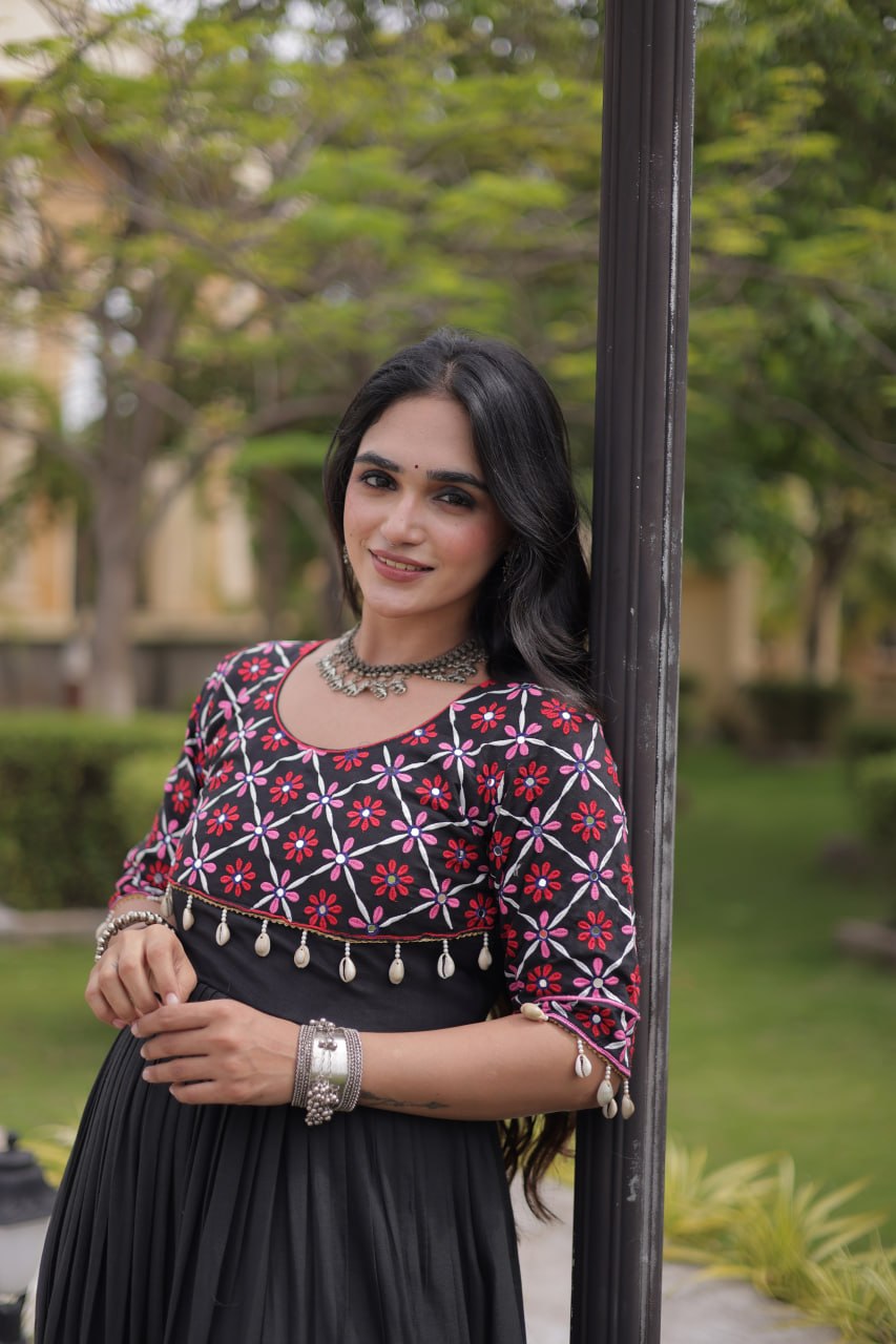 Meher Maroon Black Kora Cotton Multi Thread Mirror Work Navratri Gown