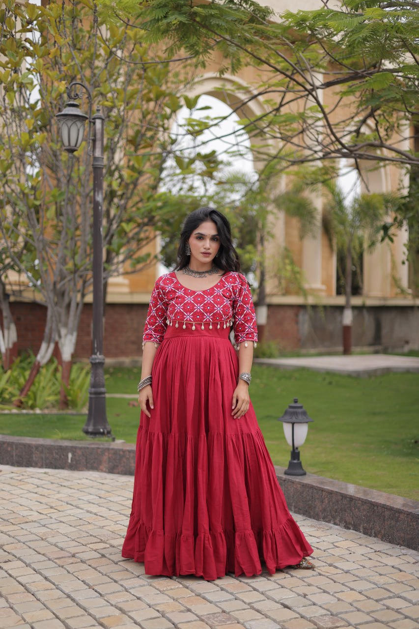 Meher Maroon Black Kora Cotton Multi Thread Mirror Work Navratri Gown