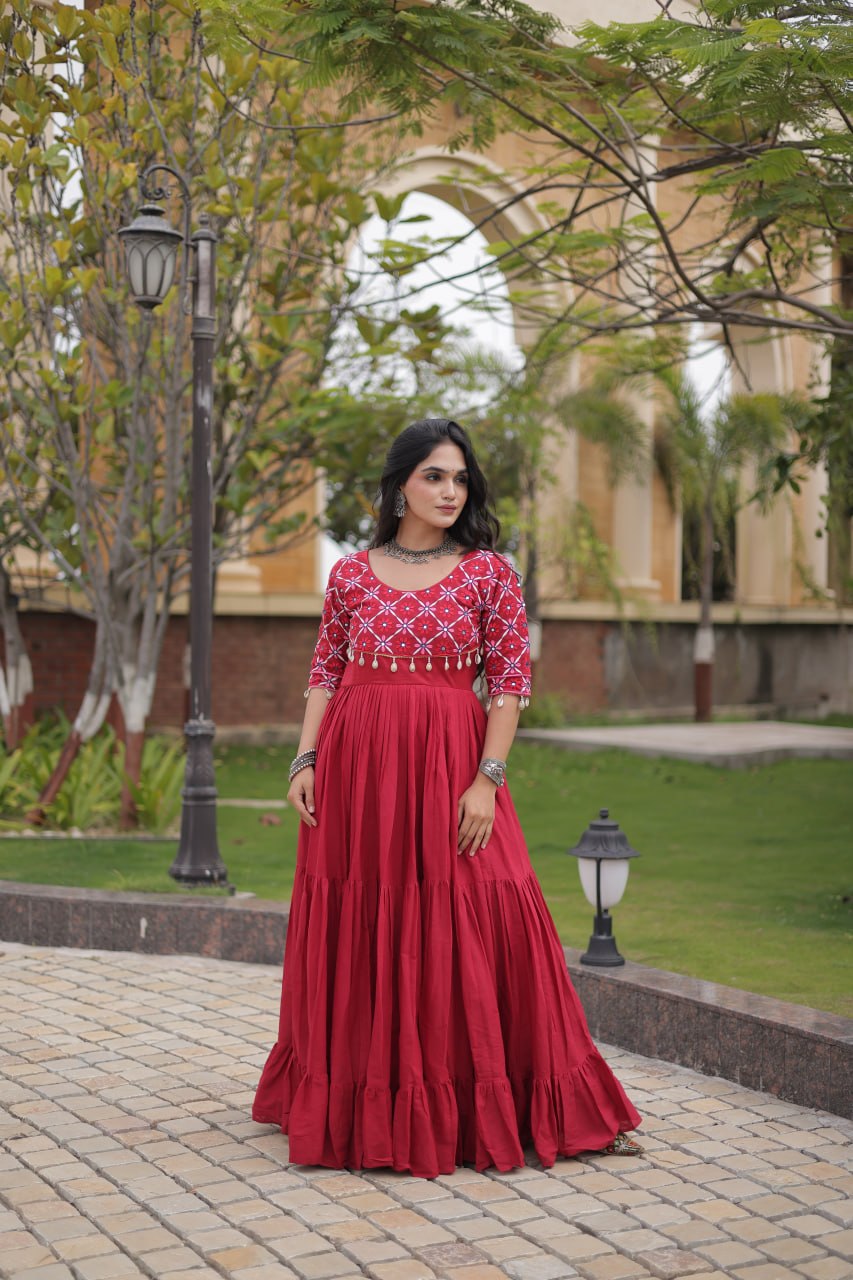 Meher Maroon Black Kora Cotton Multi Thread Mirror Work Navratri Gown