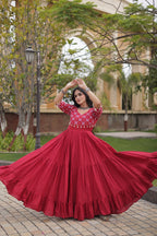 Meher Maroon Black Kora Cotton Multi Thread Mirror Work Navratri Gown