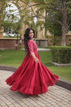 Meher Maroon Black Kora Cotton Multi Thread Mirror Work Navratri Gown