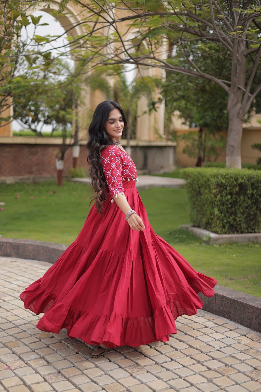 Meher Maroon Black Kora Cotton Multi Thread Mirror Work Navratri Gown