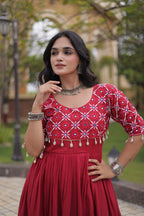 Meher Maroon Black Kora Cotton Multi Thread Mirror Work Navratri Gown