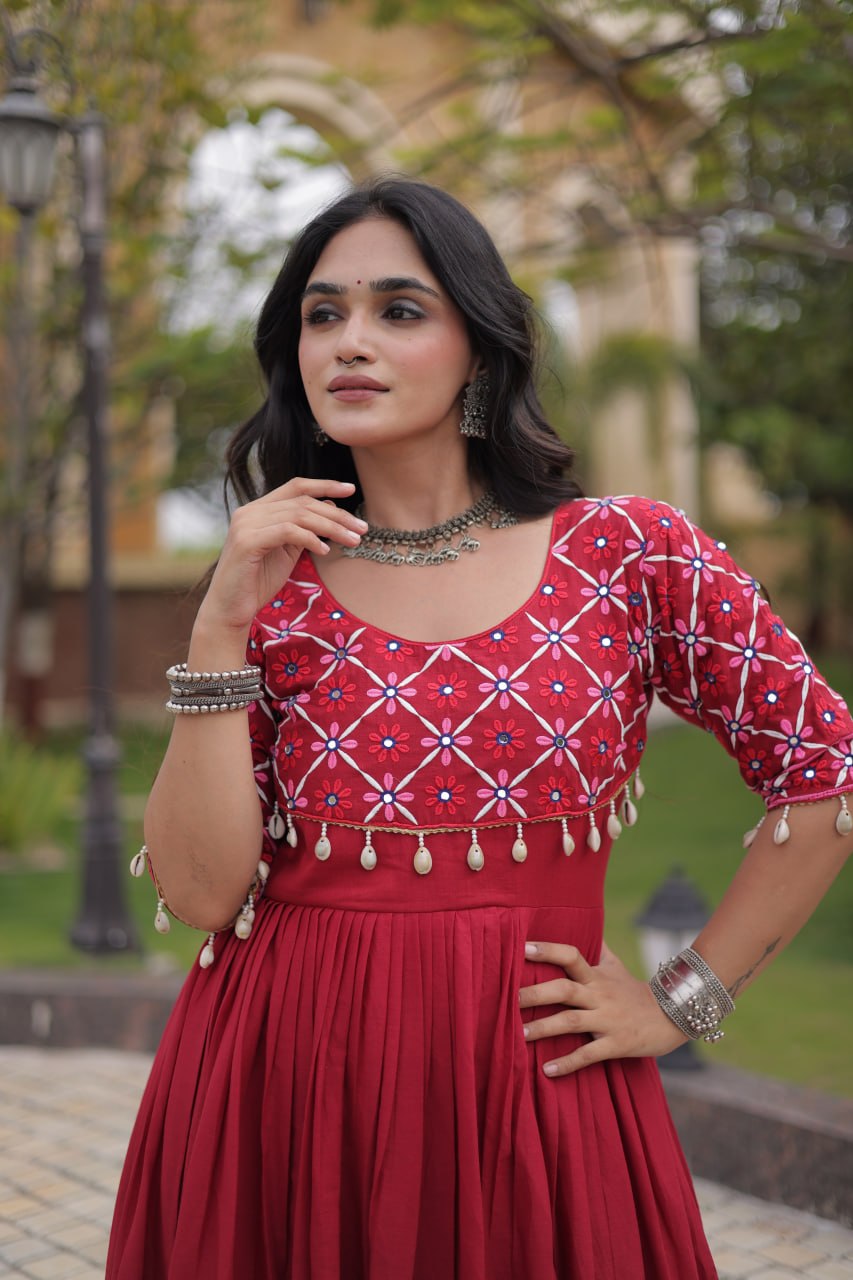Meher Maroon Black Kora Cotton Multi Thread Mirror Work Navratri Gown