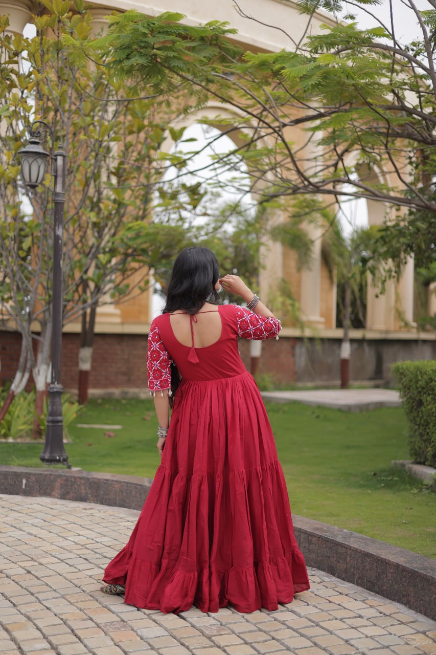 Meher Maroon Black Kora Cotton Multi Thread Mirror Work Navratri Gown