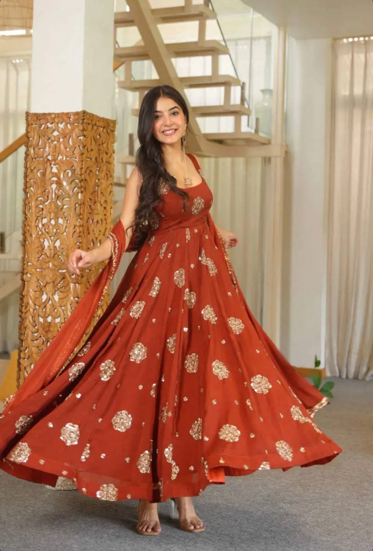 Meher Doremon Crush Designer Embroidered Sequin Work Gown Pant With Lace Border Dupatta