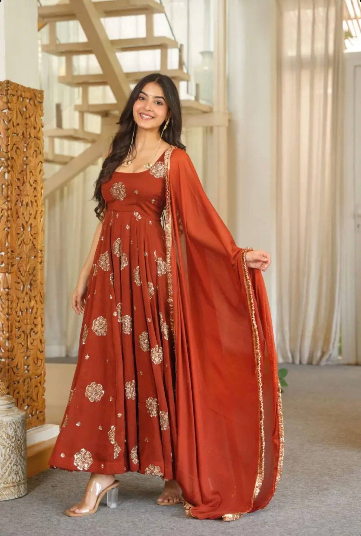 Meher Doremon Crush Designer Embroidered Sequin Work Gown Pant With Lace Border Dupatta