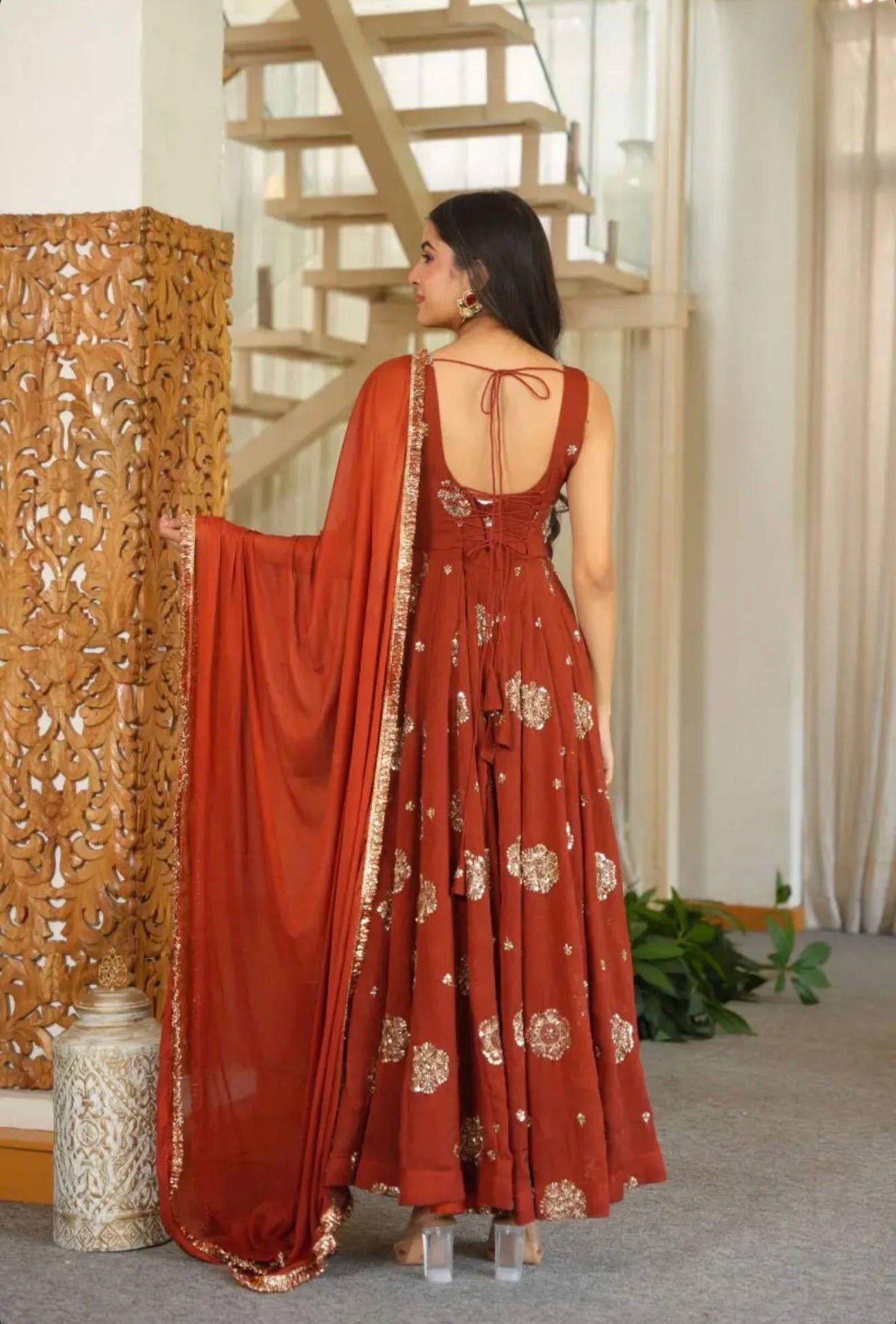 Meher Doremon Crush Designer Embroidered Sequin Work Gown Pant With Lace Border Dupatta