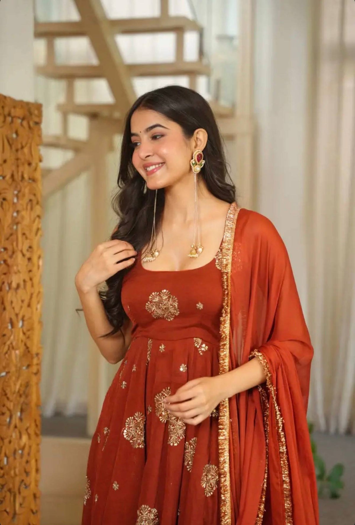 Meher Doremon Crush Designer Embroidered Sequin Work Gown Pant With Lace Border Dupatta
