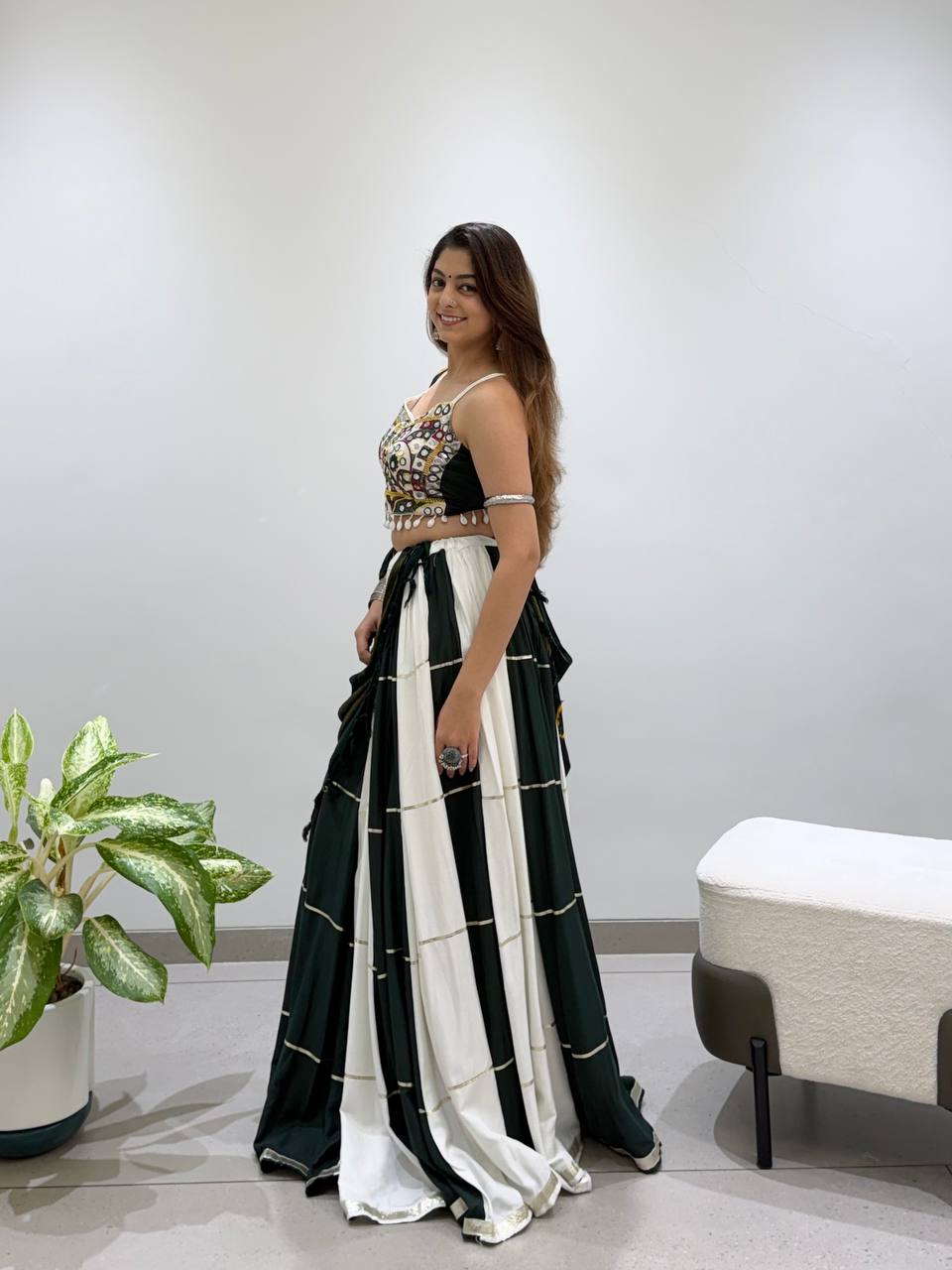 Vihana Navratri Designer Rayon Mirror Work Lehenga Choli with Meter Flair and Bandhni Dupatta