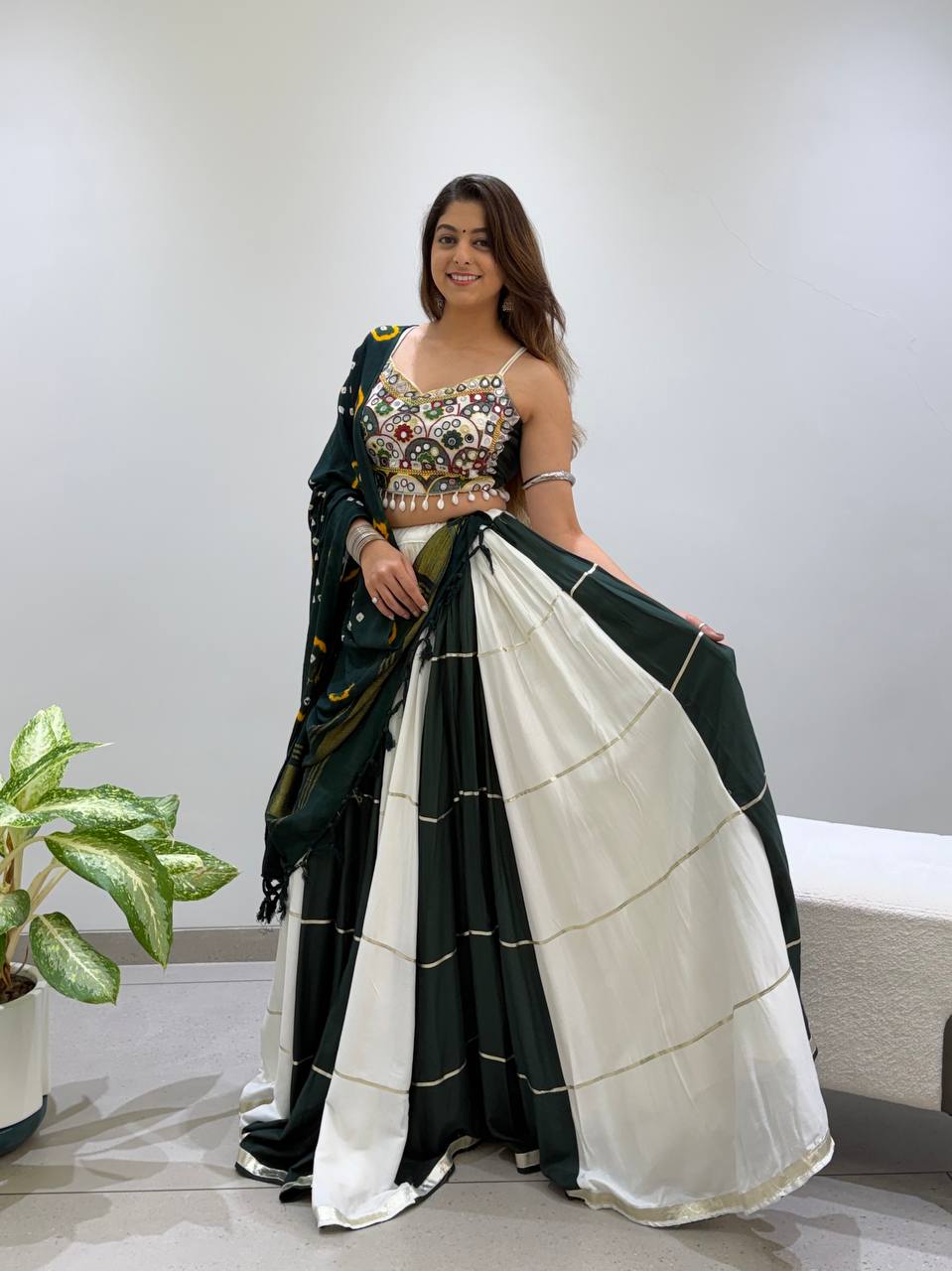Vihana Navratri Designer Rayon Mirror Work Lehenga Choli with Meter Flair and Bandhni Dupatta