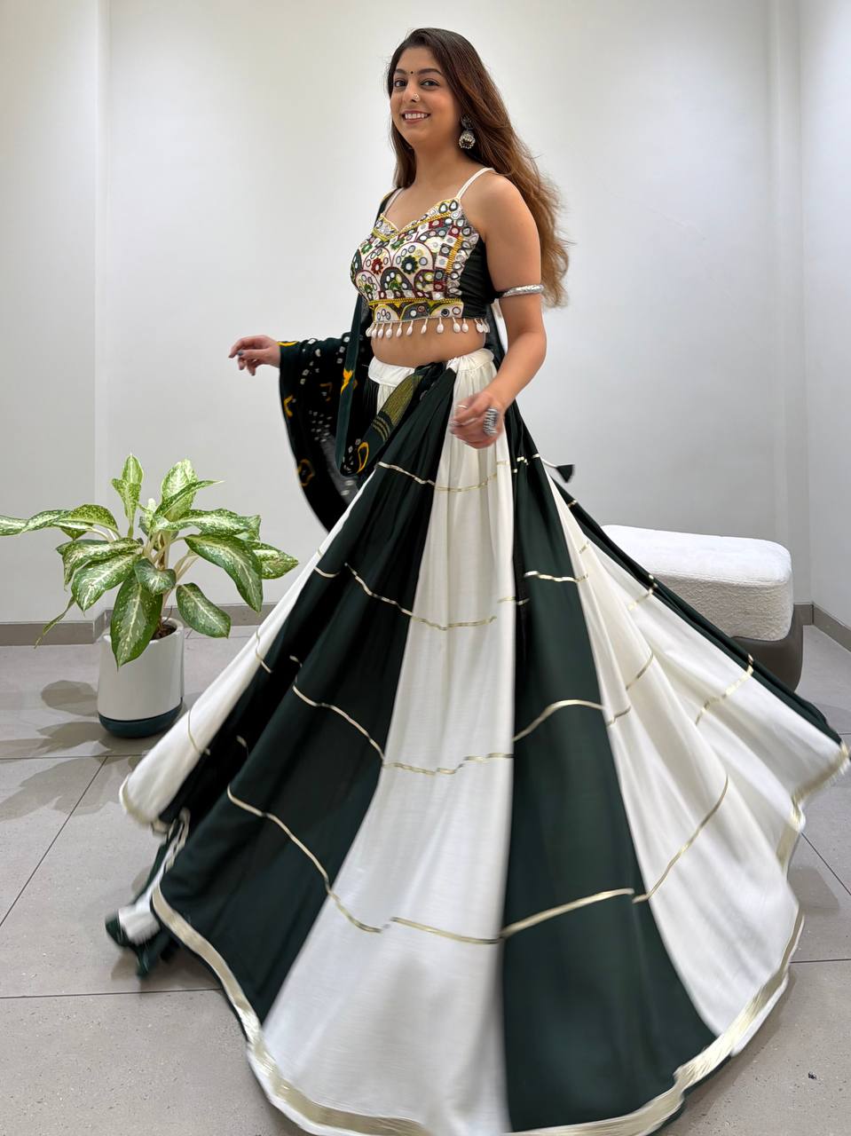 Vihana Navratri Designer Rayon Mirror Work Lehenga Choli with Meter Flair and Bandhni Dupatta