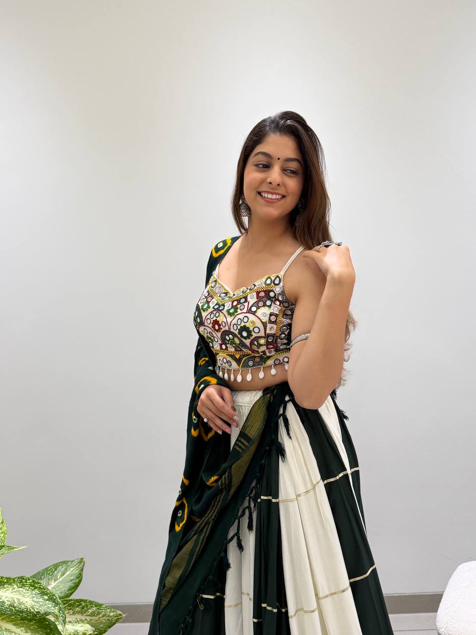 Vihana Navratri Designer Rayon Mirror Work Lehenga Choli with Meter Flair and Bandhni Dupatta