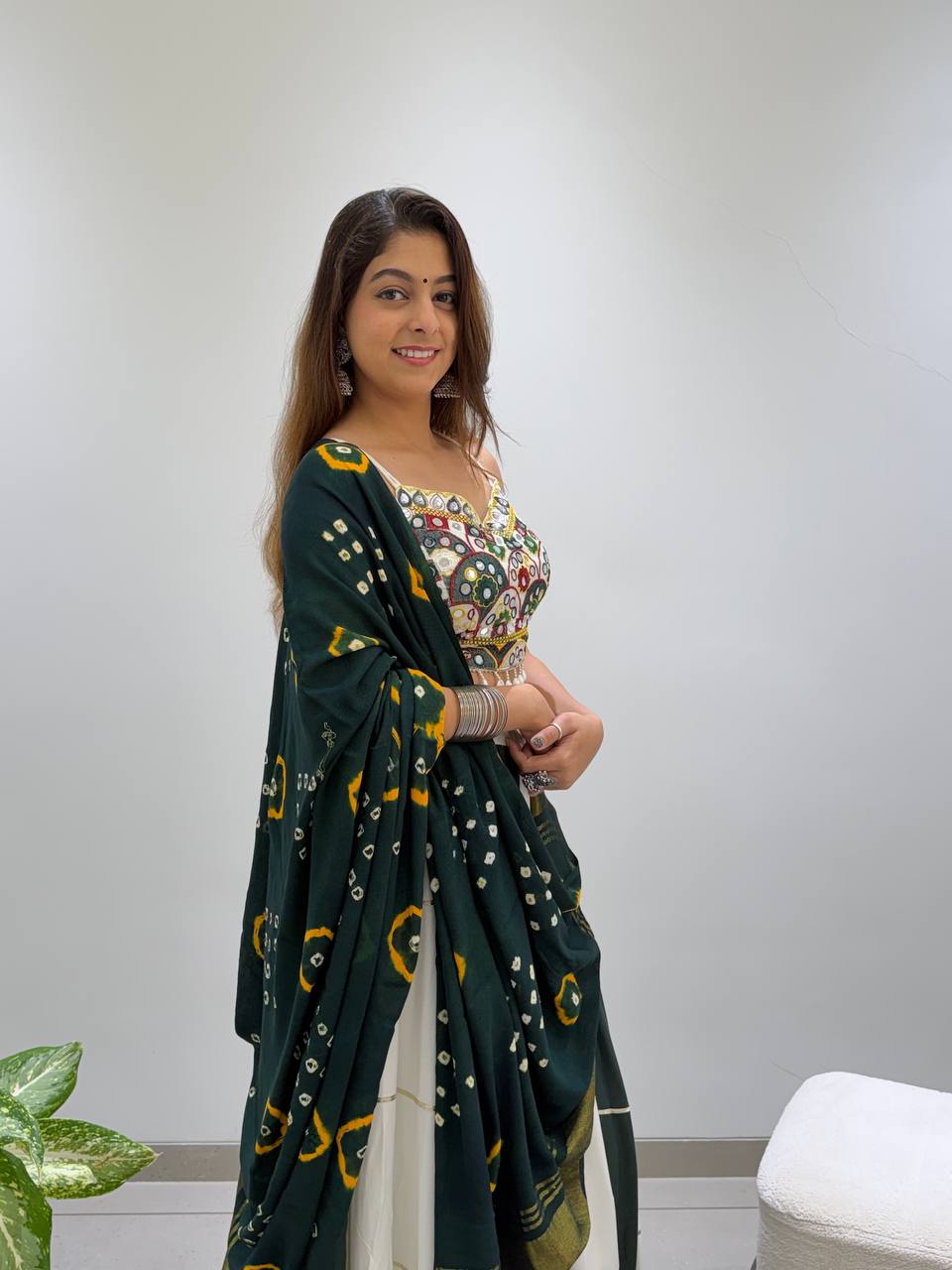 Vihana Navratri Designer Rayon Mirror Work Lehenga Choli with Meter Flair and Bandhni Dupatta