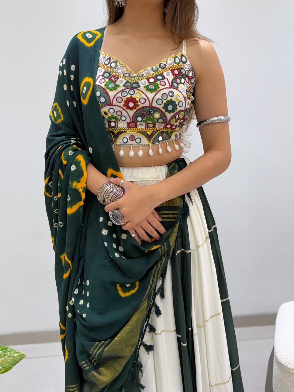 Vihana Navratri Designer Rayon Mirror Work Lehenga Choli with Meter Flair and Bandhni Dupatta