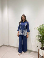 Inara Cotton Denim Co-Ord Set with Embroidered Shirt and Matching Pants