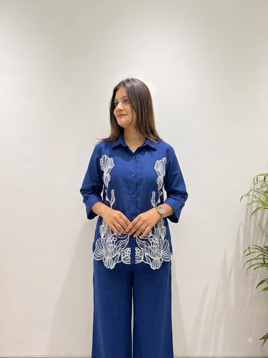 Inara Cotton Denim Co-Ord Set with Embroidered Shirt and Matching Pants