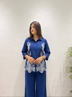 Inara Cotton Denim Co-Ord Set with Embroidered Shirt and Matching Pants