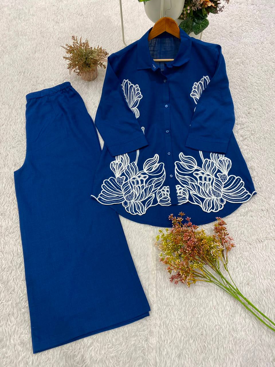 Inara Cotton Denim Co-Ord Set with Embroidered Shirt and Matching Pants