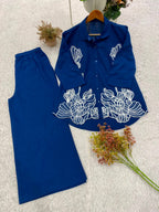 Inara Cotton Denim Co-Ord Set with Embroidered Shirt and Matching Pants