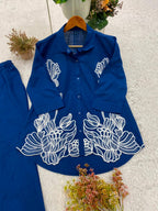 Inara Cotton Denim Co-Ord Set with Embroidered Shirt and Matching Pants