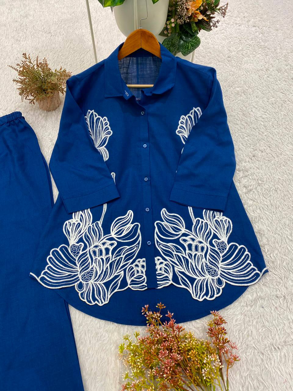 Inara Cotton Denim Co-Ord Set with Embroidered Shirt and Matching Pants