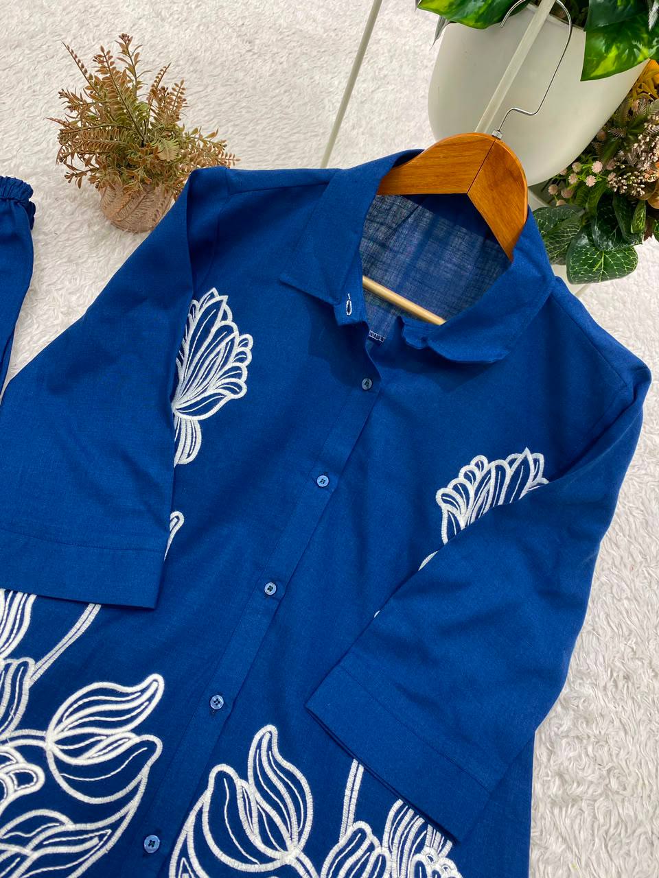 Inara Cotton Denim Co-Ord Set with Embroidered Shirt and Matching Pants