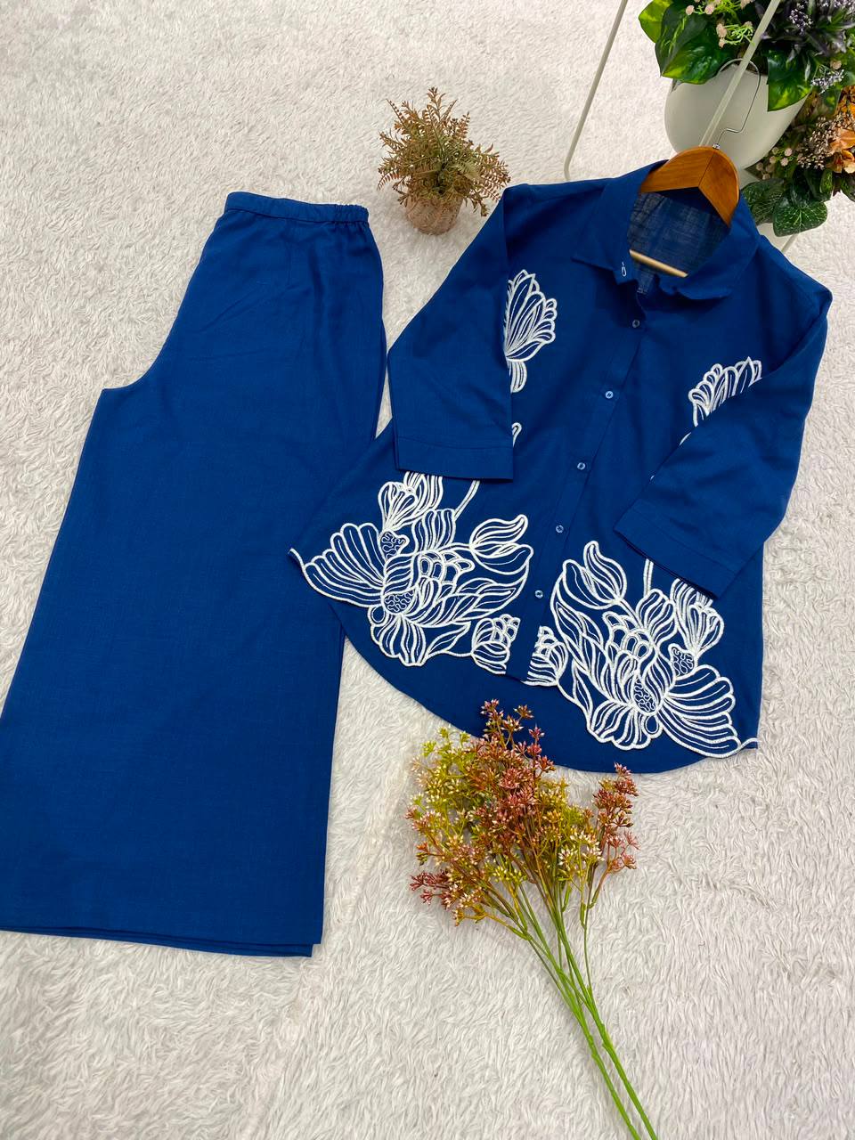 Inara Cotton Denim Co-Ord Set with Embroidered Shirt and Matching Pants