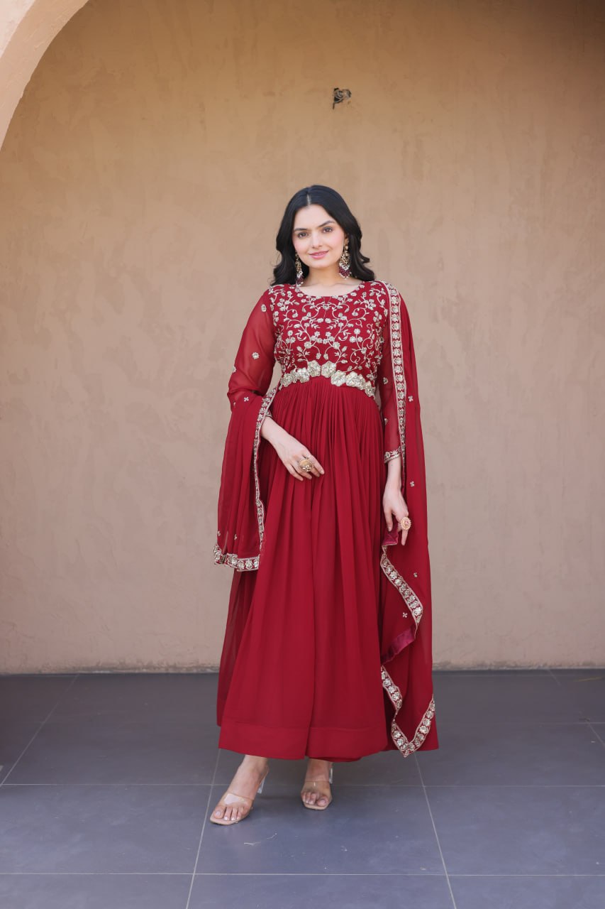 Designer Faux Blooming Anarkali Gown with Embroidered Dupatta