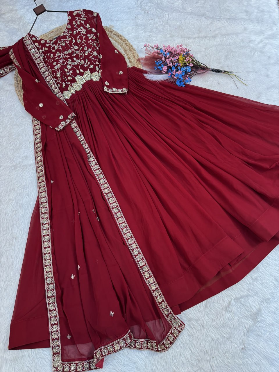 Designer Faux Blooming Anarkali Gown with Embroidered Dupatta