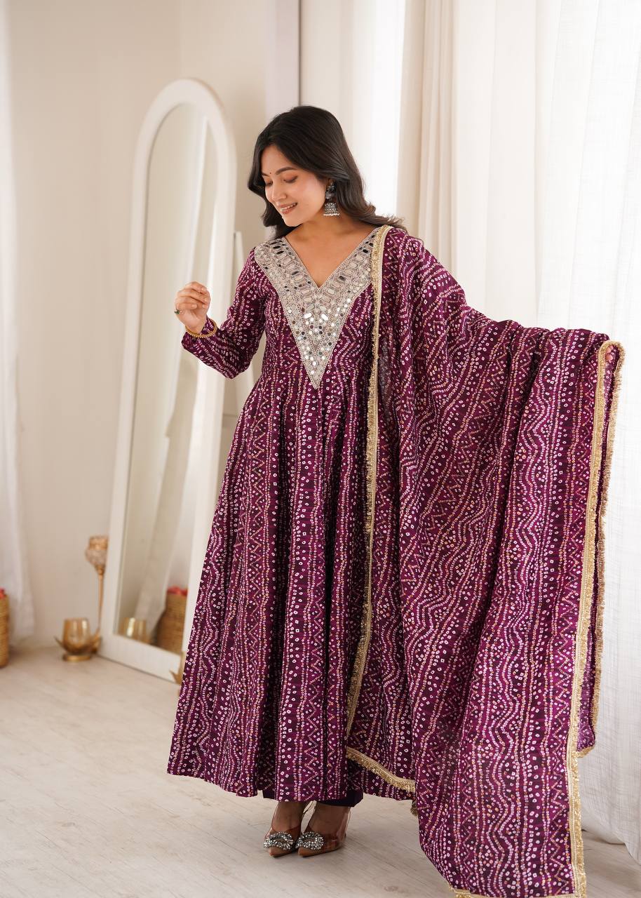 Rayesha Rayon Mirror Embroidered Gown with Pant & Golden Lace Dupatta