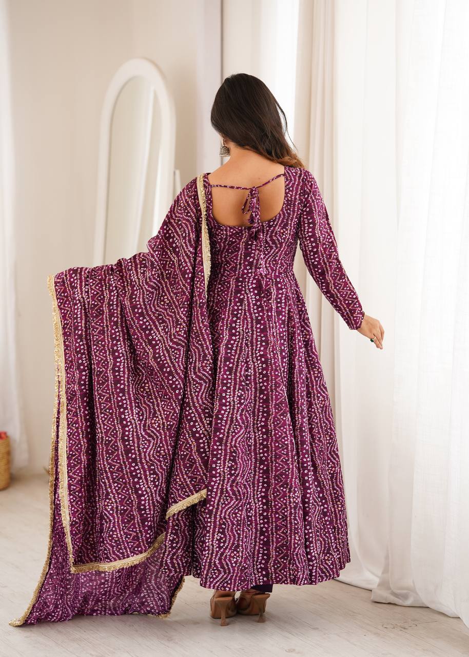 Rayesha Rayon Mirror Embroidered Gown with Pant & Golden Lace Dupatta