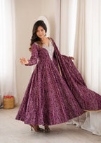 Rayesha Rayon Mirror Embroidered Gown with Pant & Golden Lace Dupatta
