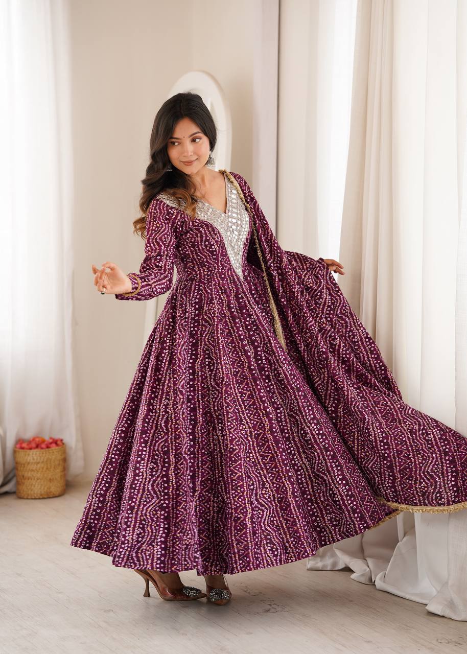 Rayesha Rayon Mirror Embroidered Gown with Pant & Golden Lace Dupatta