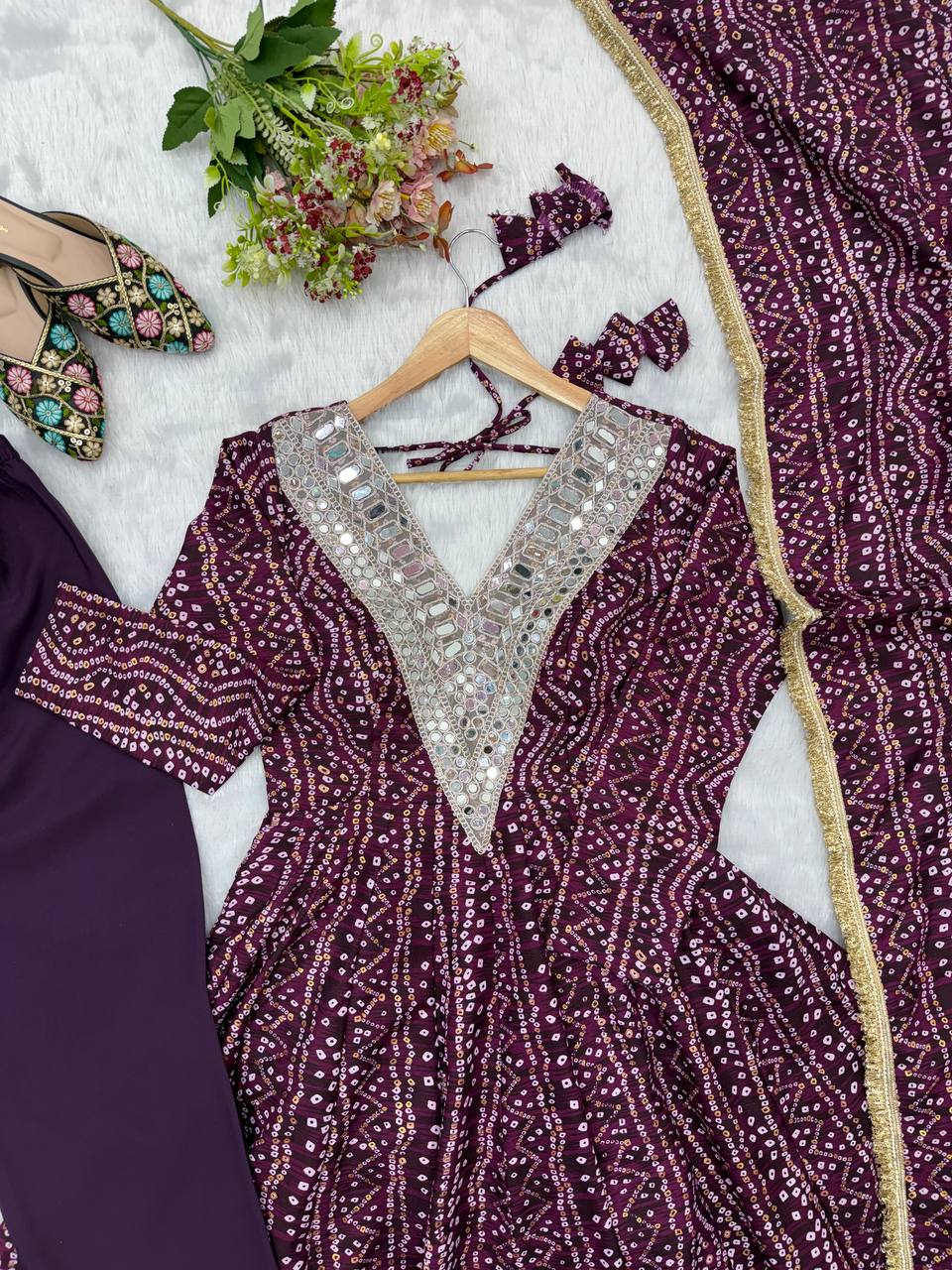 Rayesha Rayon Mirror Embroidered Gown with Pant & Golden Lace Dupatta