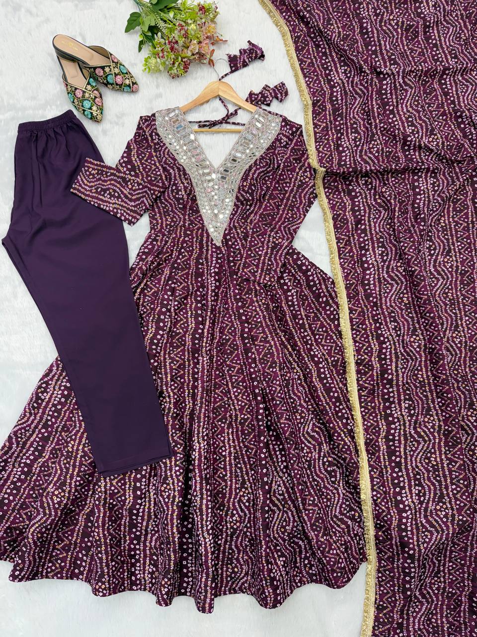 Rayesha Rayon Mirror Embroidered Gown with Pant & Golden Lace Dupatta