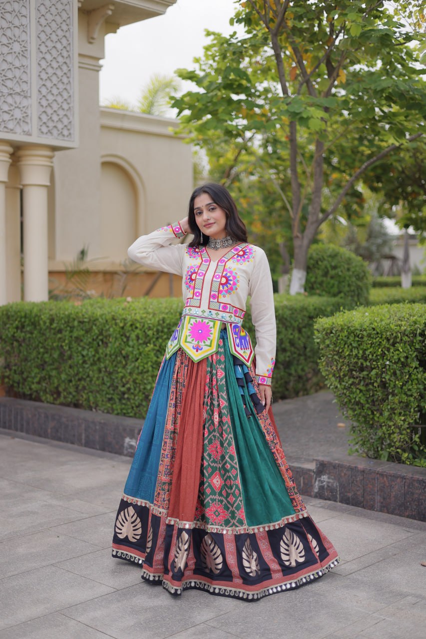Aarohi Cotton Printed Mirror Work Lehenga with Kutchi Gamthi Embroidered Blouse
