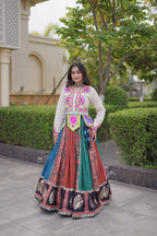 Aarohi Cotton Printed Mirror Work Lehenga with Kutchi Gamthi Embroidered Blouse