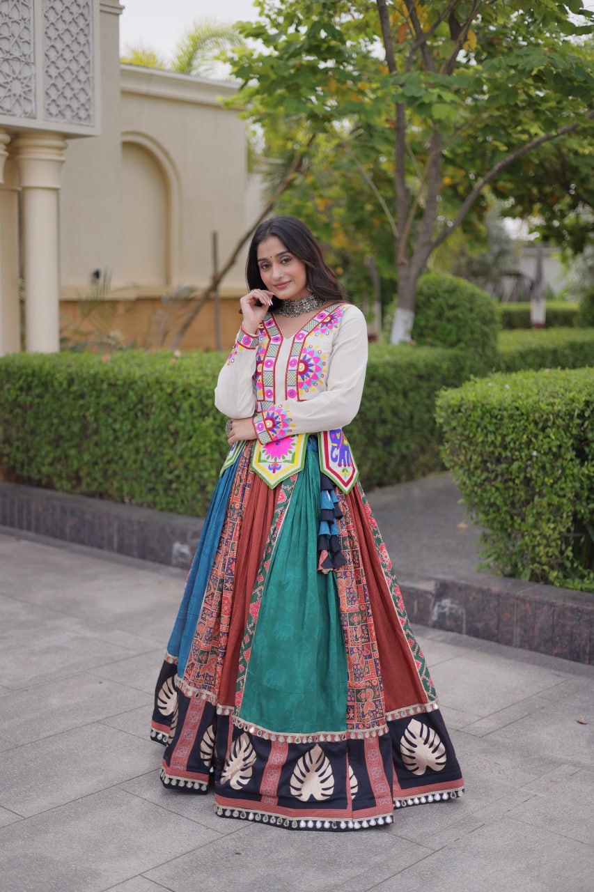 Aarohi Cotton Printed Mirror Work Lehenga with Kutchi Gamthi Embroidered Blouse